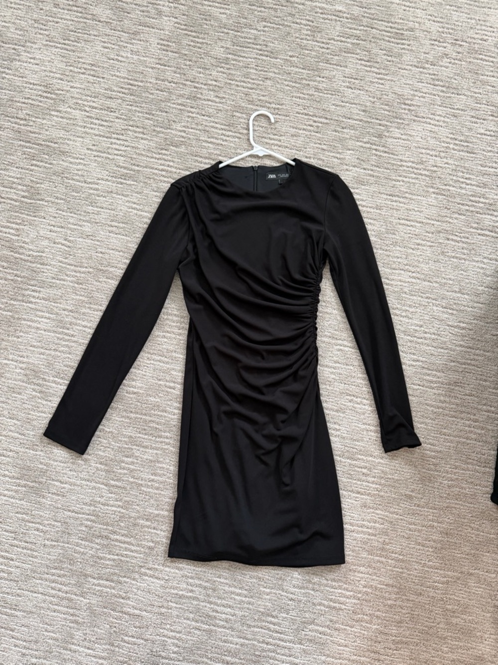 Zara Black Long-Sleeve Ruched Mini Dress